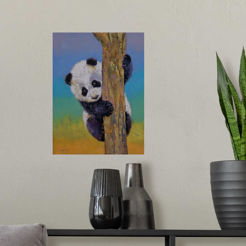A modern room featuring A contemporary painting of a panda bear climbing a tree.