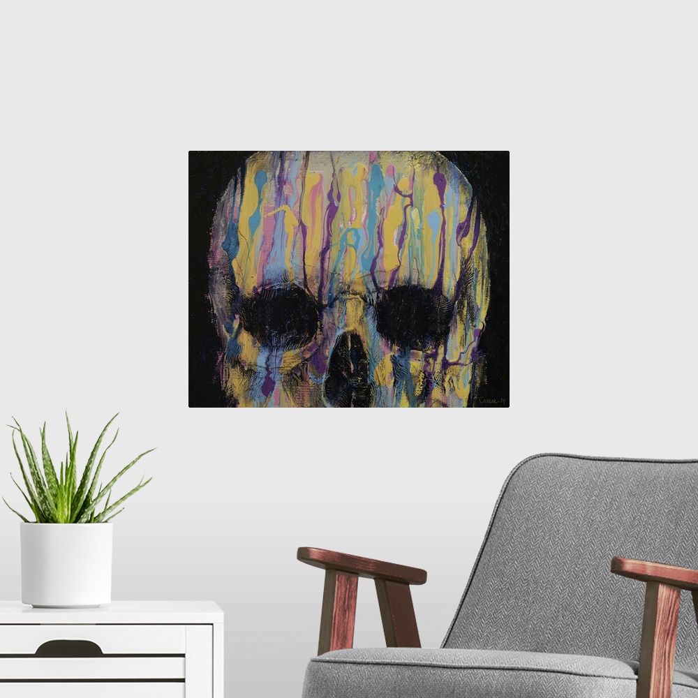 A modern room featuring A contemporary painting of human skull with multi-colored paint dripping from the top of its head.