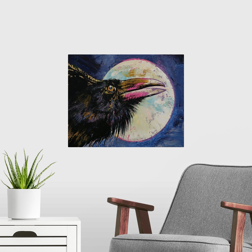 A modern room featuring A contemporary painting of a black crow against a background of a full moon.
