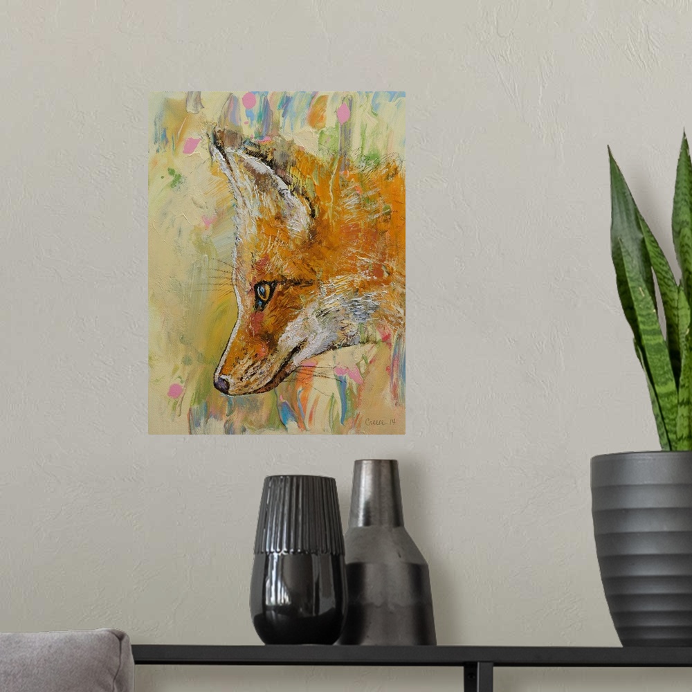 A modern room featuring A contemporary painting of a red fox profile.