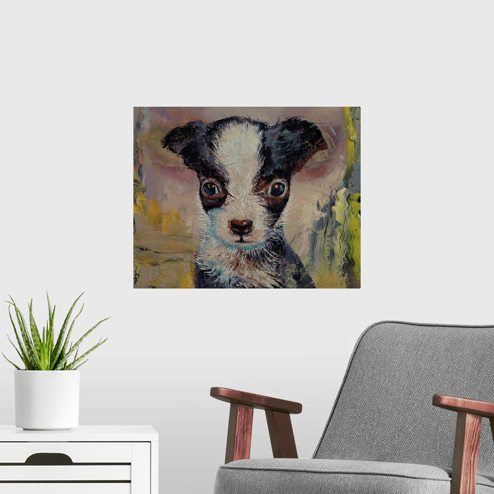 A modern room featuring A painting of a black and white puppy.
