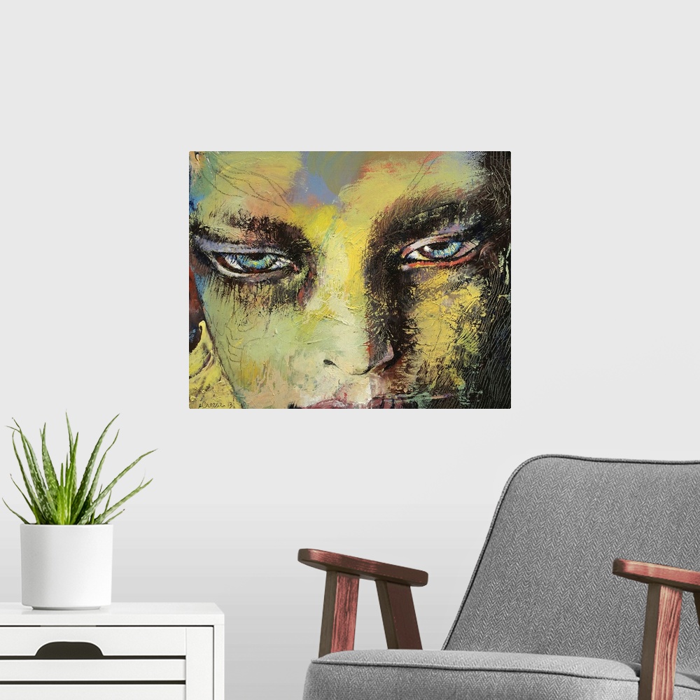 A modern room featuring Contemporary painting of a close-up on the face of Shiva the Hindu deity.