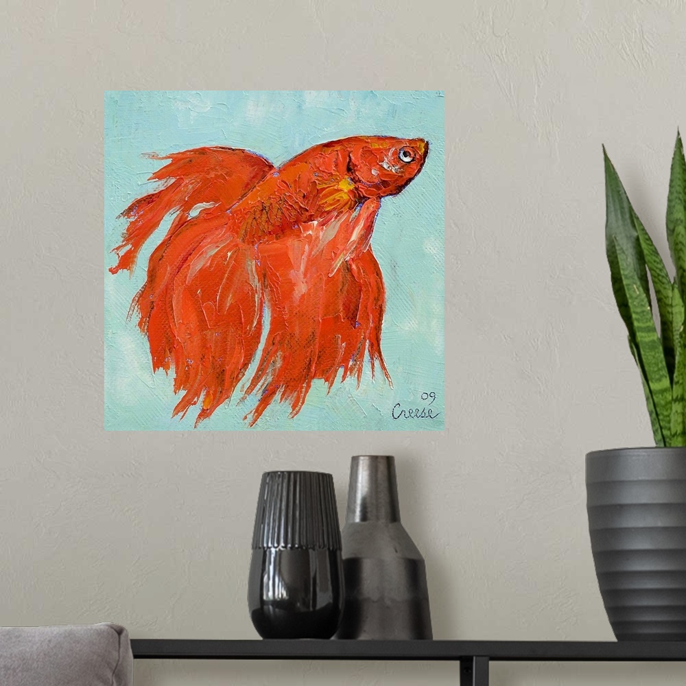 A modern room featuring Giant, square painting on a large wall hanging of a vivid Siamese fighting fish with flowing fins...