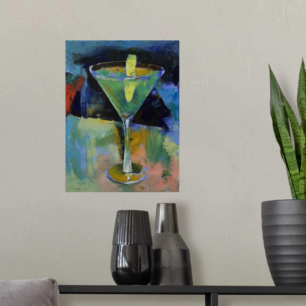 A modern room featuring Big vertical contemporary painting of a sour apple martini, in a clear martini glass with a singl...