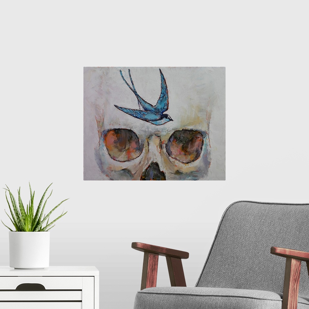 A modern room featuring Contemporary painting of a human skull close-up on the eyes and forehead with a blue sparrow on t...