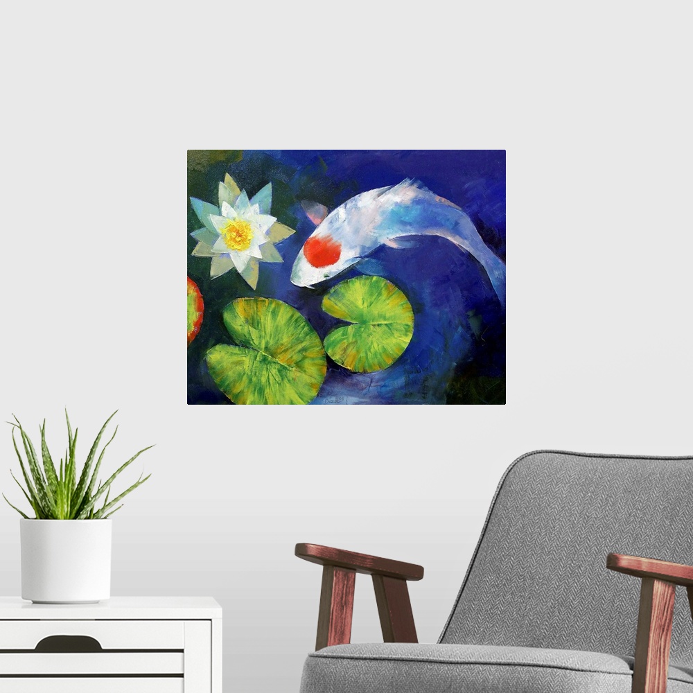 A modern room featuring Horizontal, large wall painting on a single tancho koi fish swimming in deep blue water, approach...