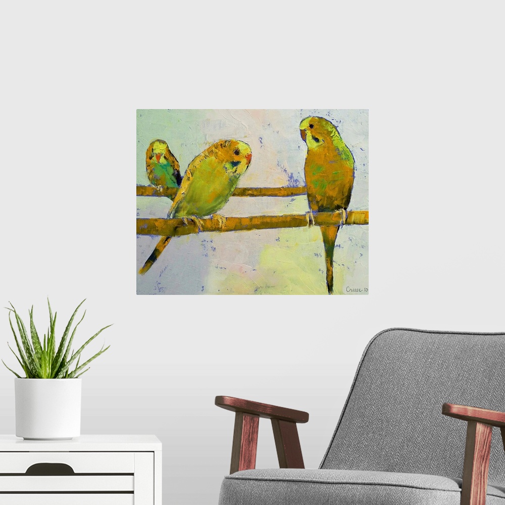 A modern room featuring Original oil on canvas painting of three budgies on perches by American artist Michael Creese.