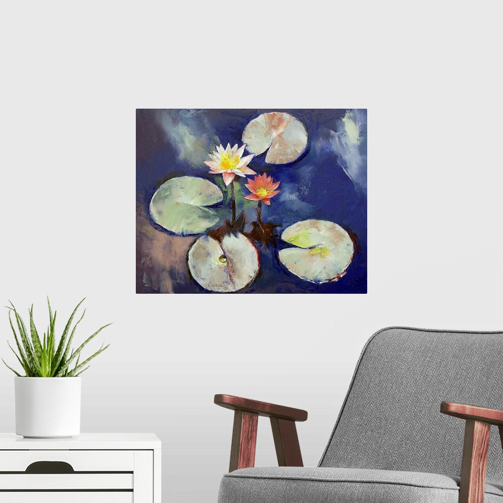 A modern room featuring Horizontal painting on a large wall hanging of two water lilies surrounded by four lily pads, flo...
