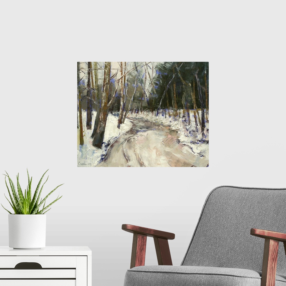 A modern room featuring Giant contemporary art portrays a look down a frozen stream surrounded by a snow covered landscap...