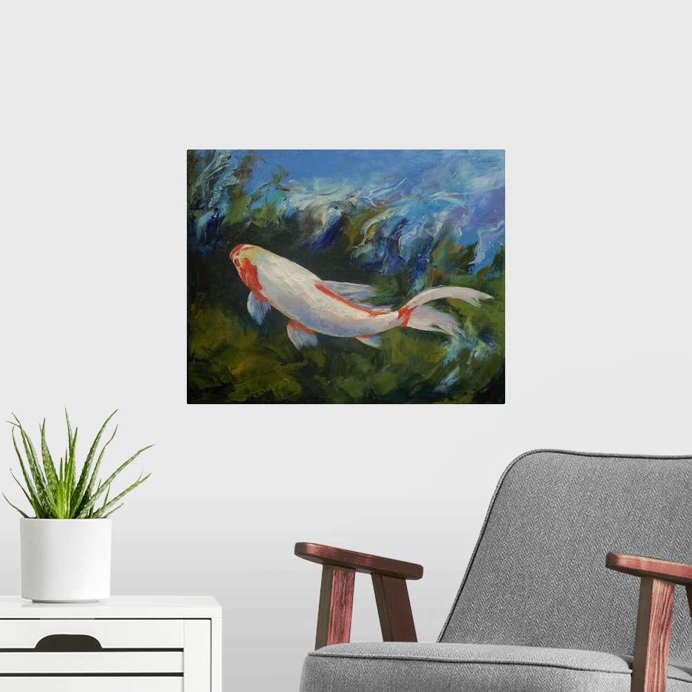 A modern room featuring Oil painting on canvas of a koi fish swimming in water.