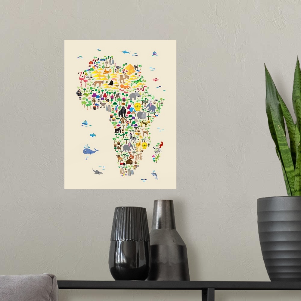 A modern room featuring A map of the Africa featuring cartoon animals. A colorful, fun and exciting map for any young chi...