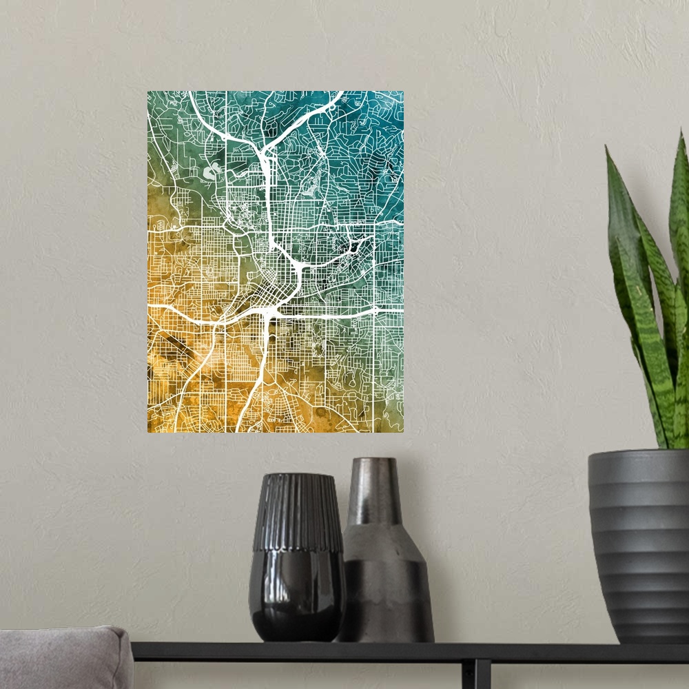 A modern room featuring Watercolor street map of Atlanta, Georgia, United States