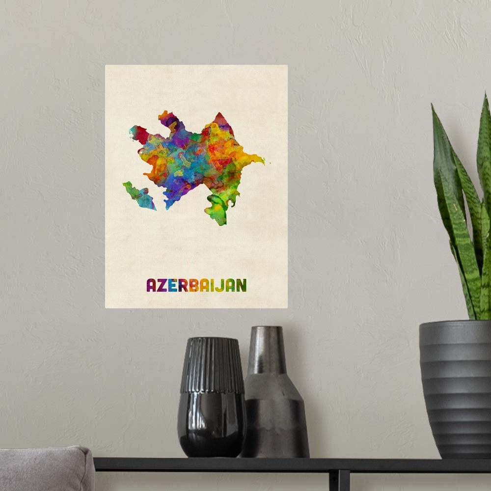 A modern room featuring A watercolor map of Azerbaijan.