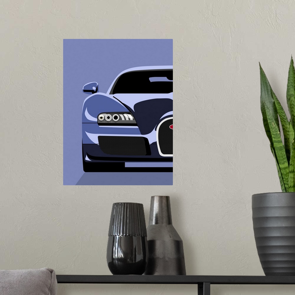 A modern room featuring Oversized, vertical pop art on a wall hanging of half of the front end of a Bugatti Veyron, on a ...