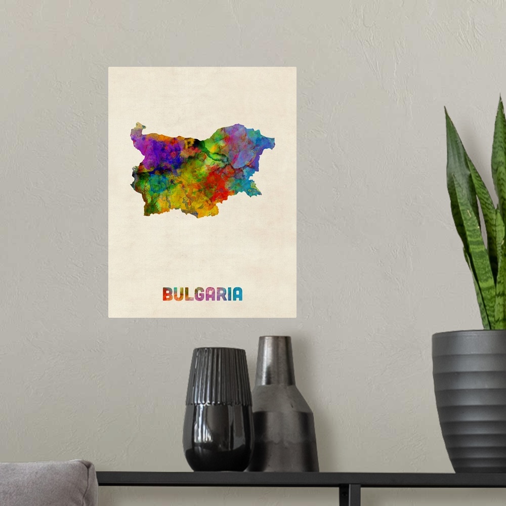 A modern room featuring A watercolor map of Bulgaria.