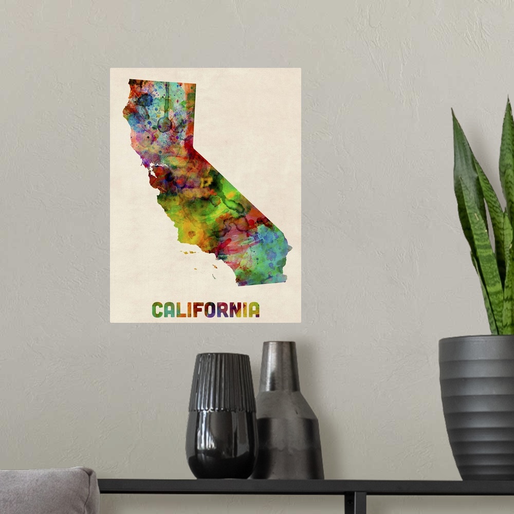 A modern room featuring Contemporary piece of artwork of a map of California made up of watercolor splashes.