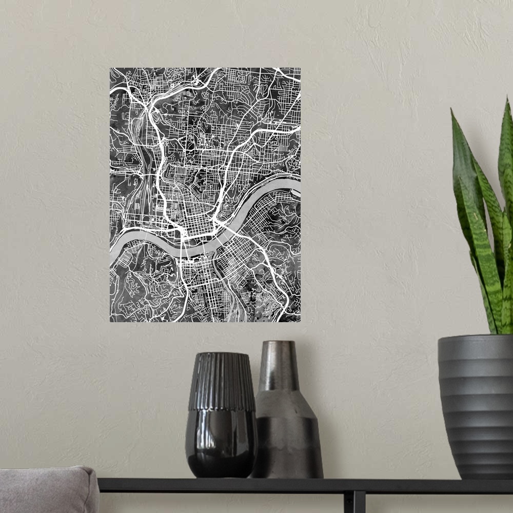 A modern room featuring Watercolor street map of Cincinnati, Ohio, United States