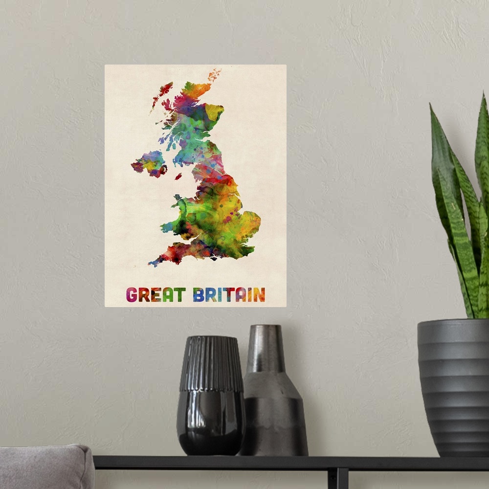 A modern room featuring Great Britain Watercolor Map
