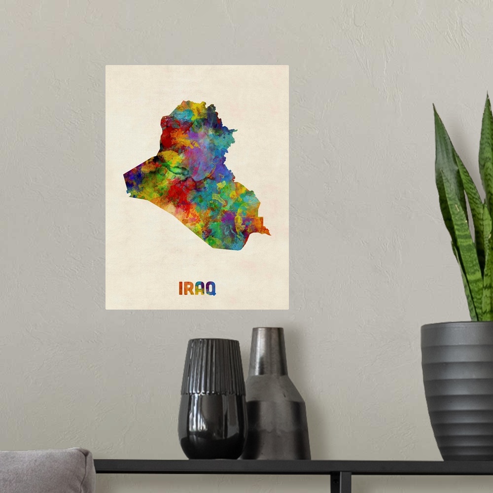 A modern room featuring A watercolor map of Iraq