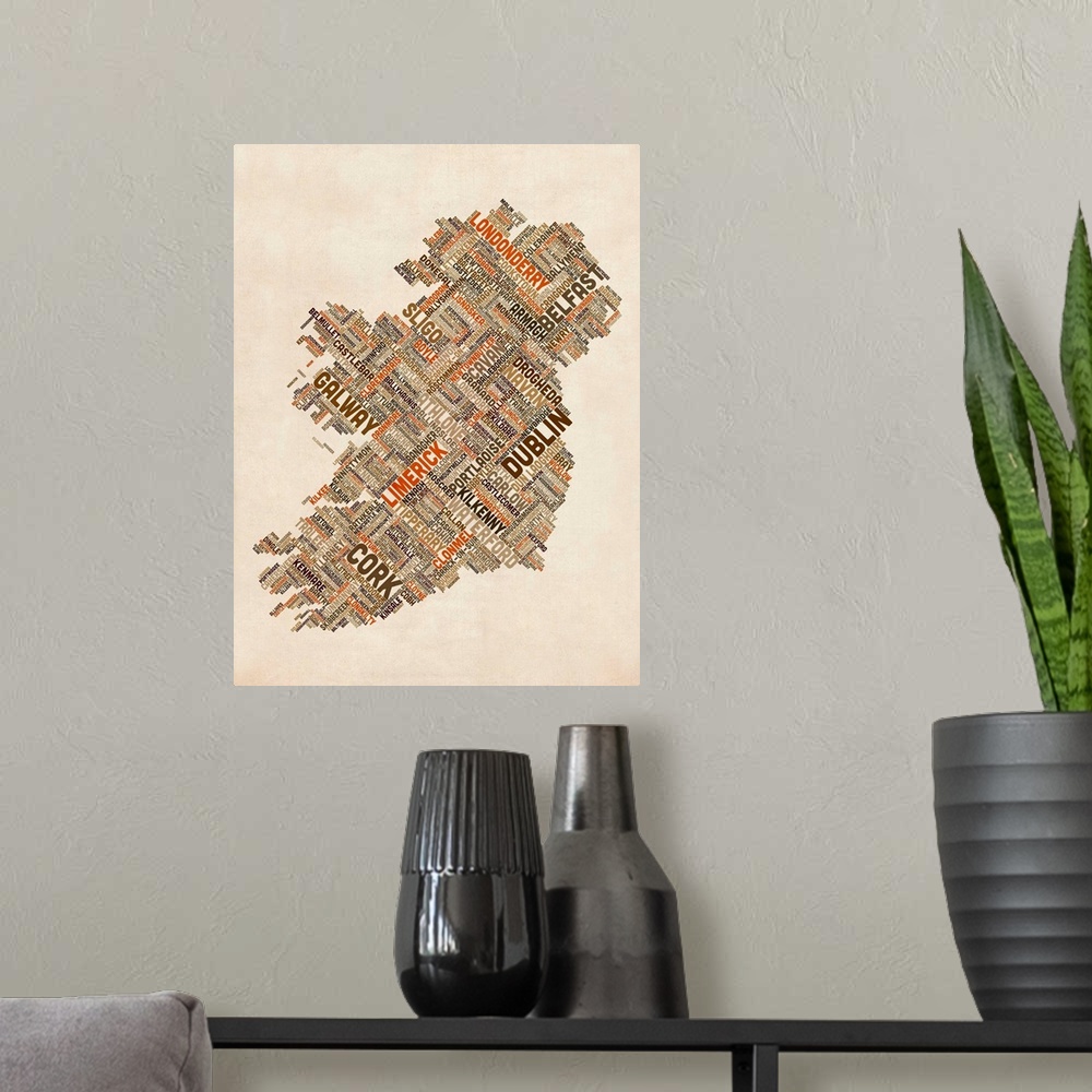 A modern room featuring Ireland Eire City Text map