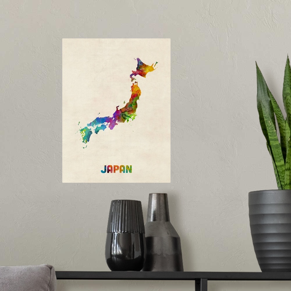 A modern room featuring A watercolor map of Japan.