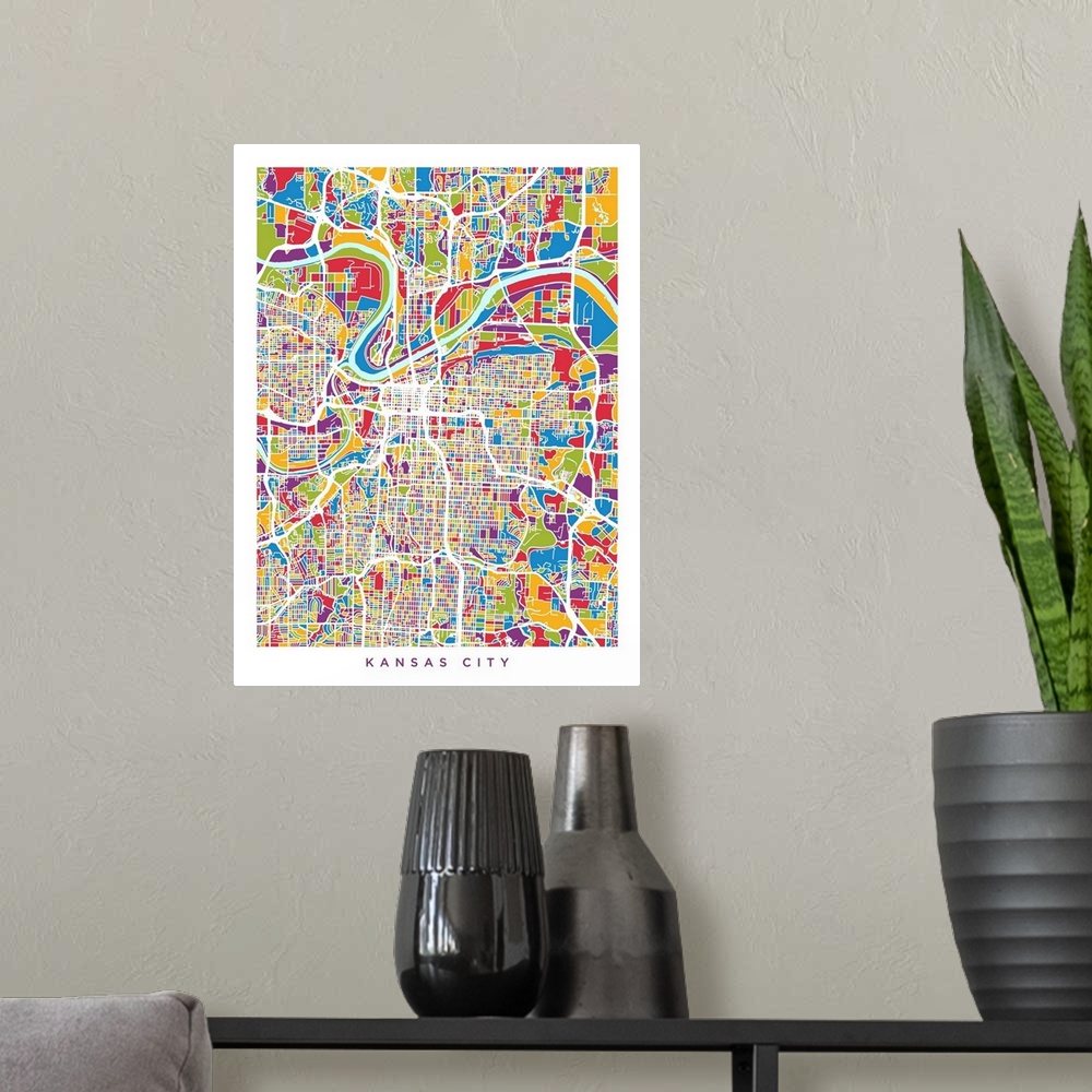 A modern room featuring Watercolor street map of Kansas City, Missouri, United States