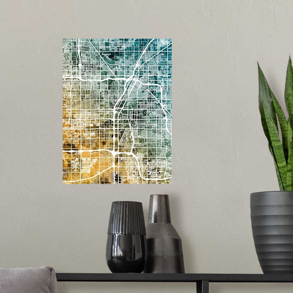 A modern room featuring A watercolor street map of Las Vegas, Nevada, United States