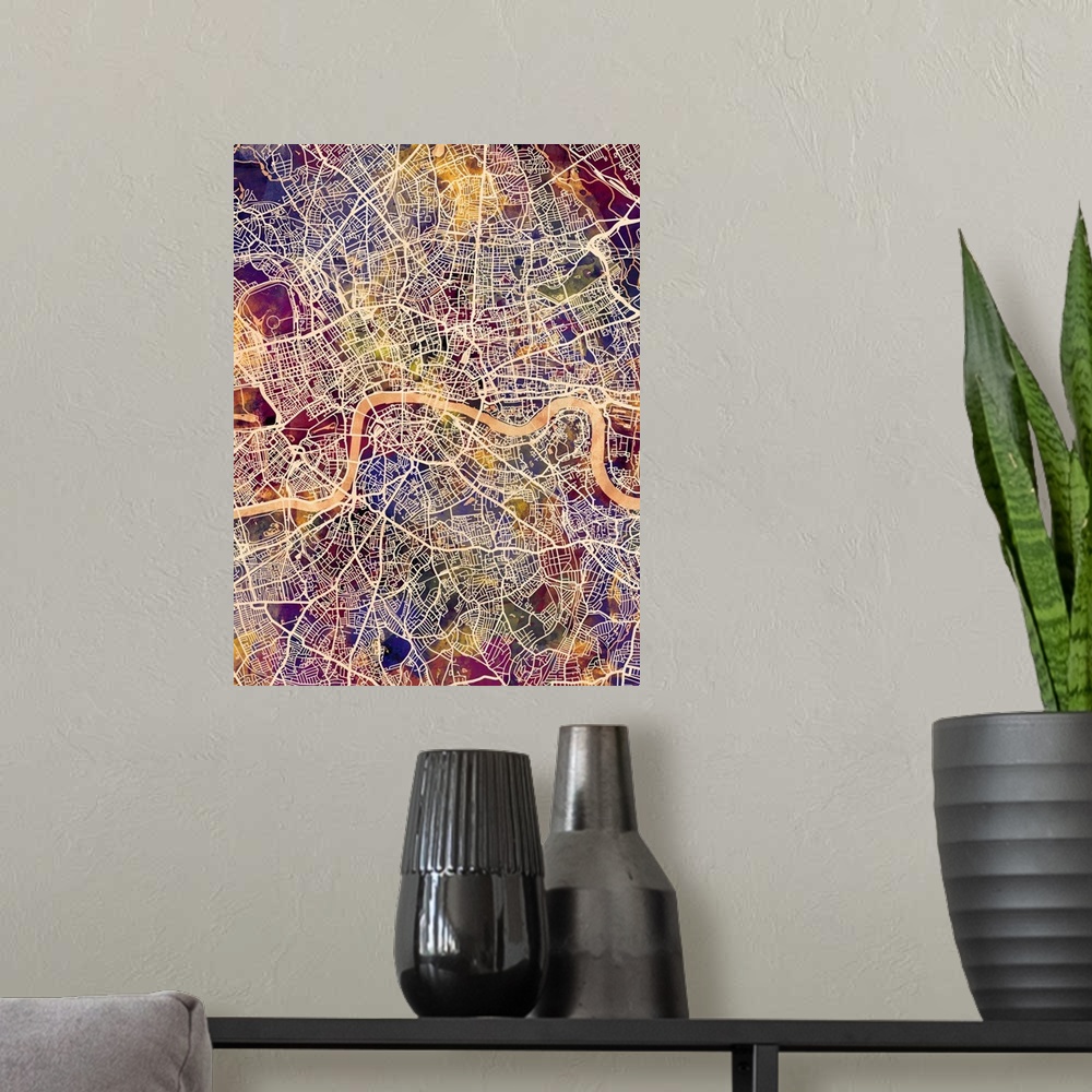 A modern room featuring A watercolor street map of London, England