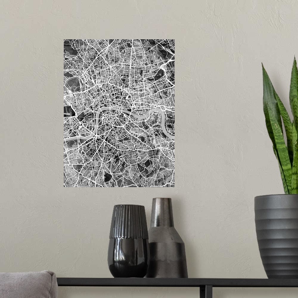 A modern room featuring A watercolor street map of London, England
