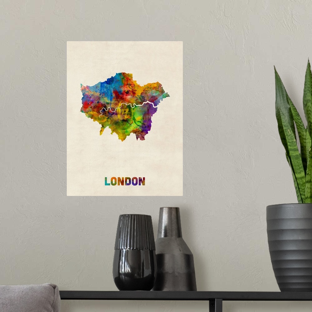 A modern room featuring A watercolor map of London