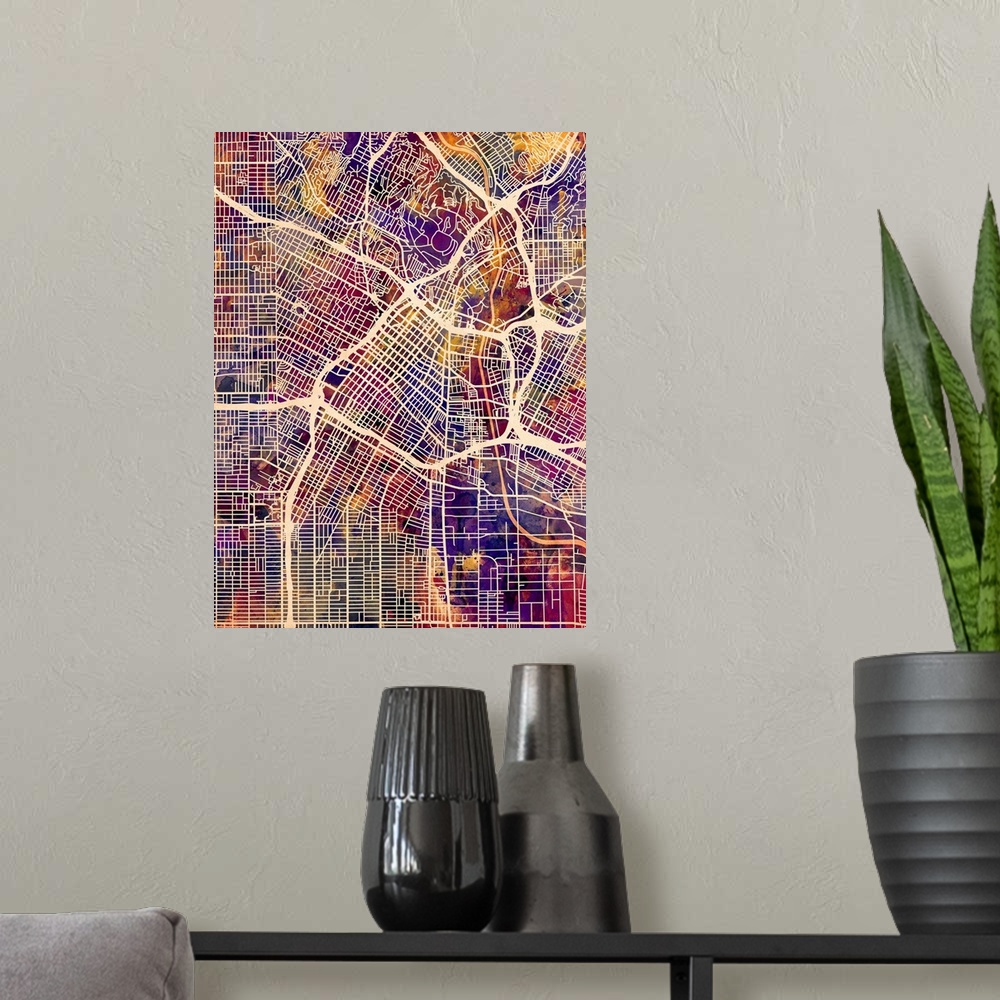 A modern room featuring A watercolor street map of Los Angeles, California, United States.