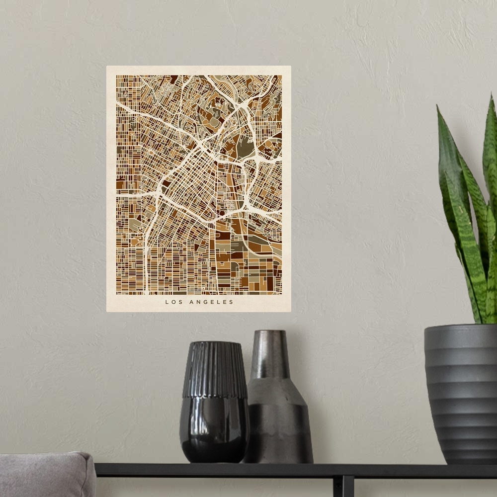 A modern room featuring A street map of Los Angeles, California, United States on a vintage background.