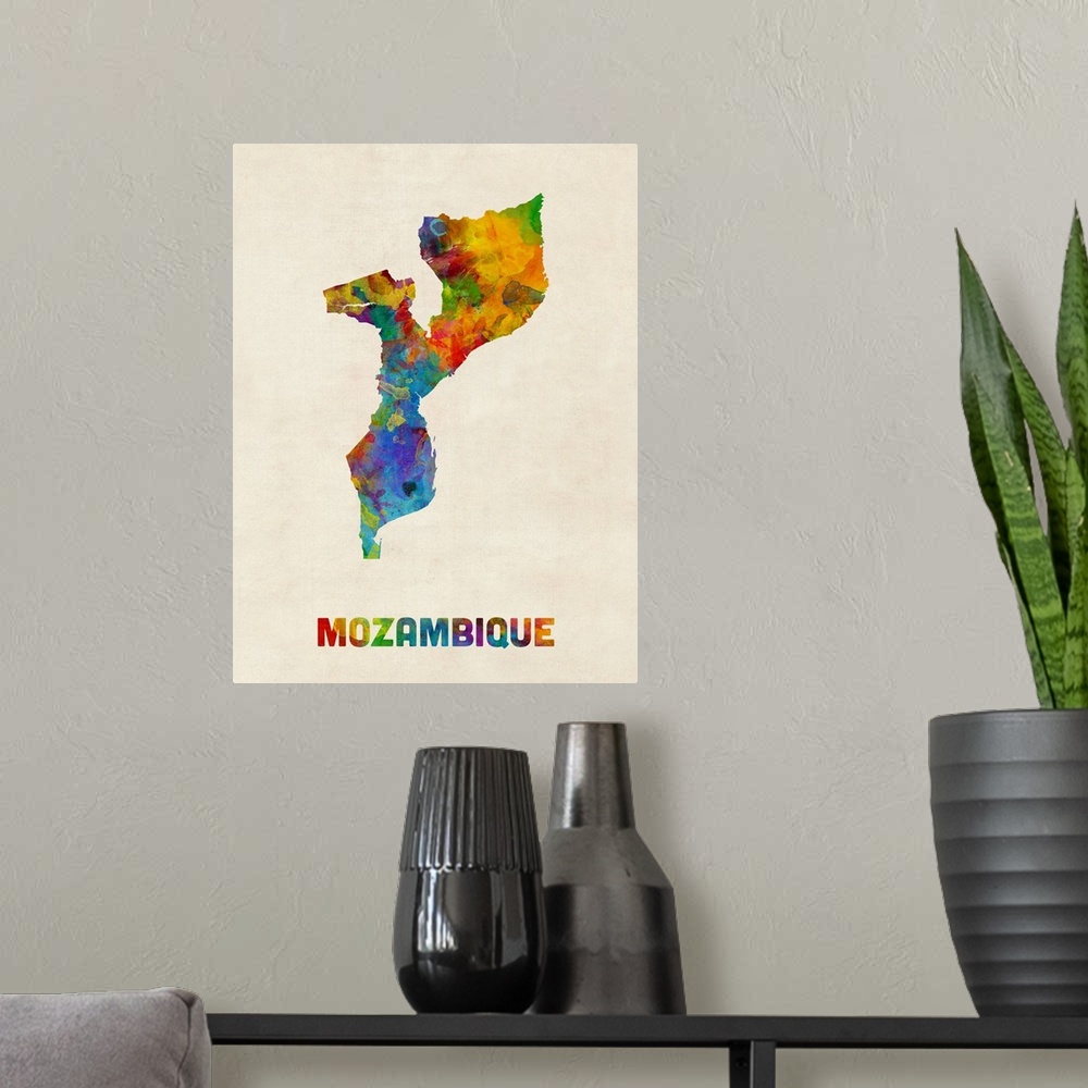 A modern room featuring A watercolor map of Mozambique.