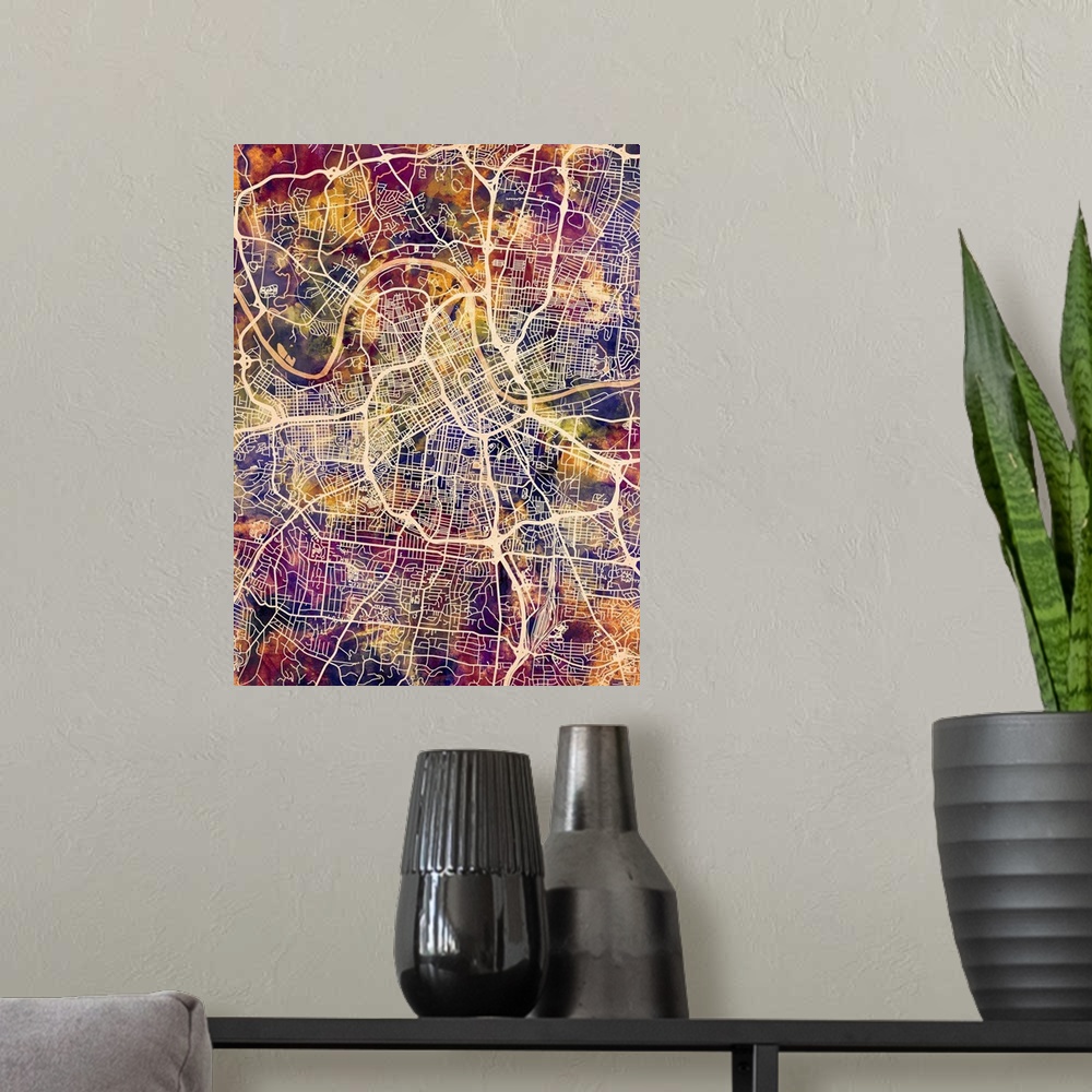 A modern room featuring Watercolor street map of Nashville, Tennessee, United States