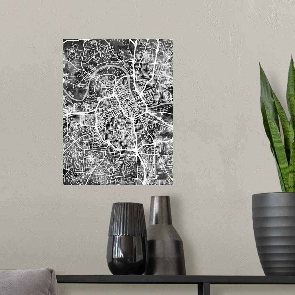 A modern room featuring Watercolor street map of Nashville, Tennessee, United States