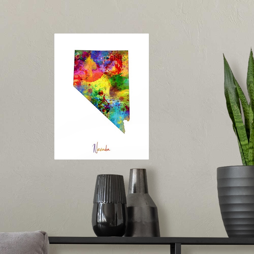 A modern room featuring Contemporary artwork of a map of Nevada made of colorful paint splashes.