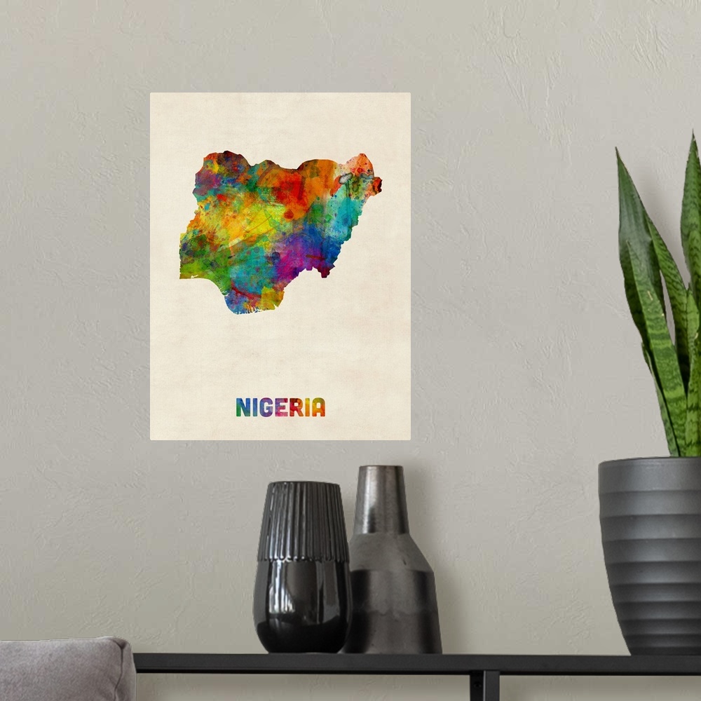 A modern room featuring A watercolor map of Nigeria.