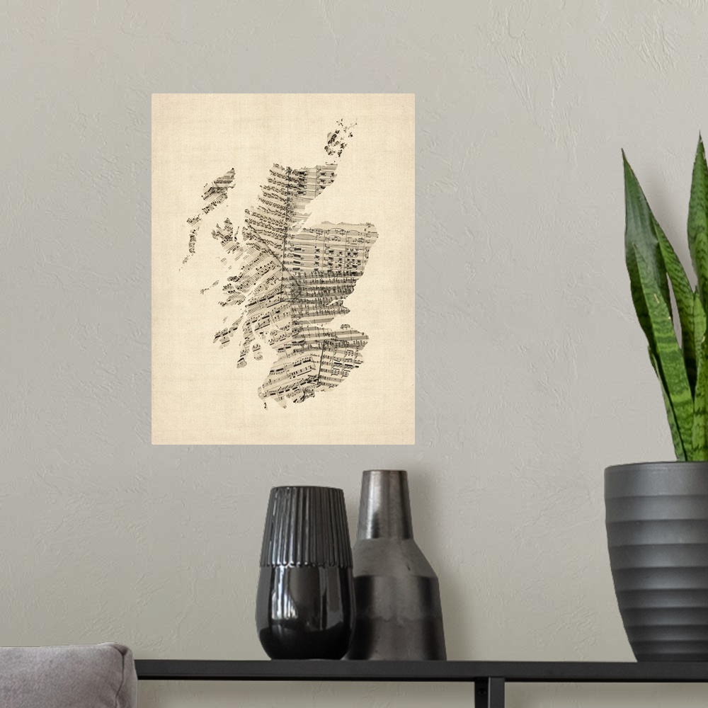 A modern room featuring A map of Scotland made from a collage of old and vintage sheet music on an antique style background.