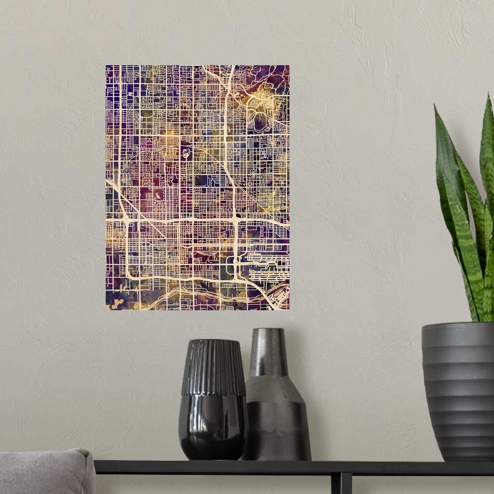 A modern room featuring Watercolor street map of Phoenix, Arizona, United States