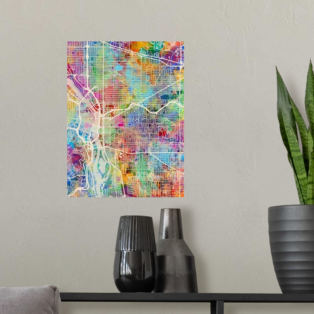 A modern room featuring Watercolor street map of Portland, Oregon, United States