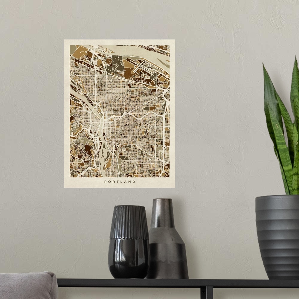 A modern room featuring A street map of Portland, Oregon, United States, with land areas in shades of brown
