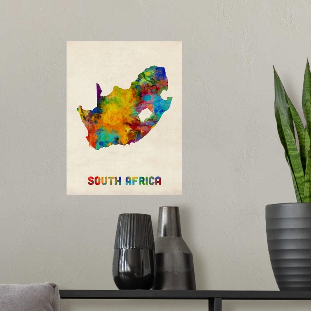 A modern room featuring A watercolor map of South Africa.