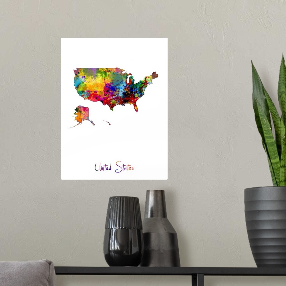 A modern room featuring A watercolor map of the United States of America.