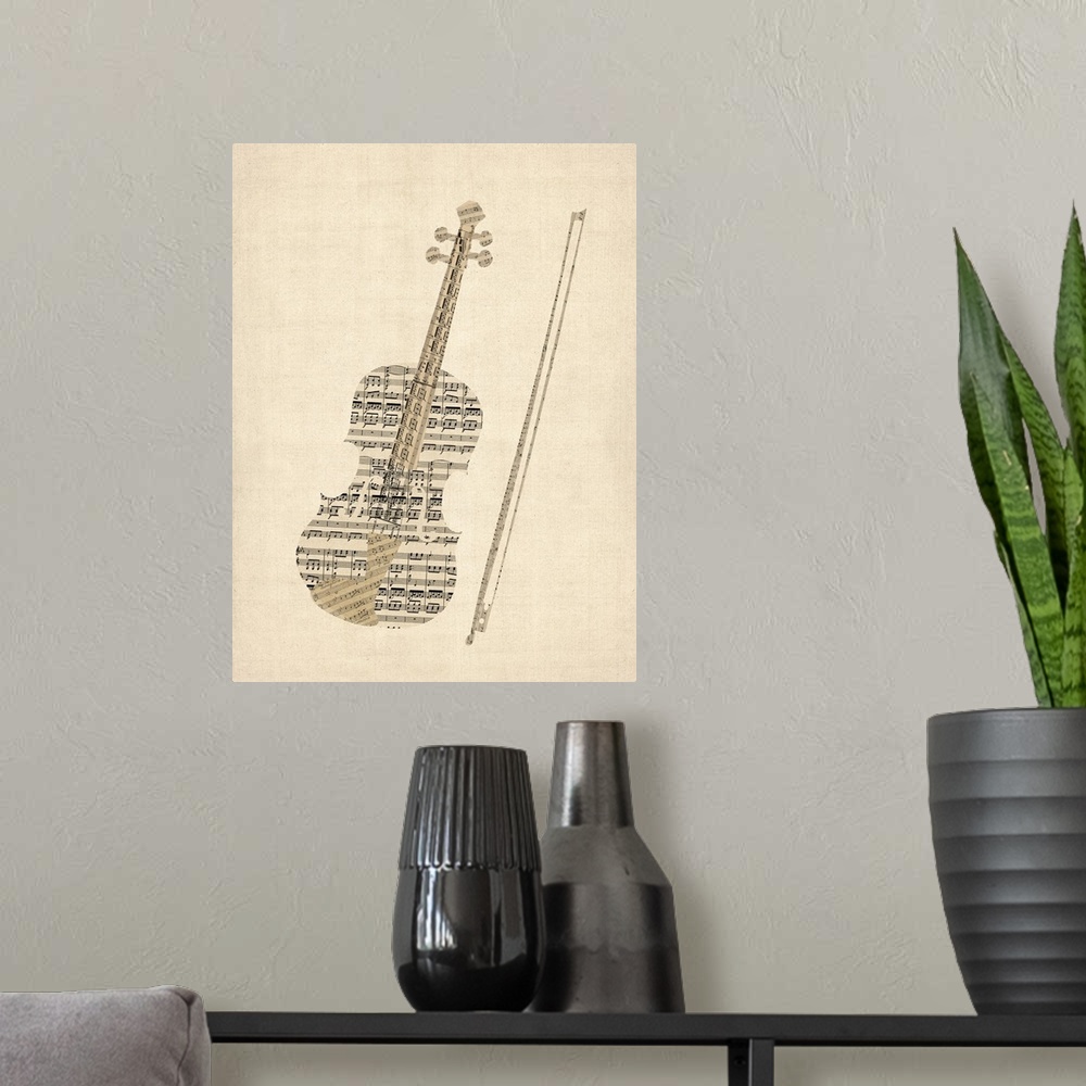 A modern room featuring A violin created from a collage of old sheet music on a vintage background