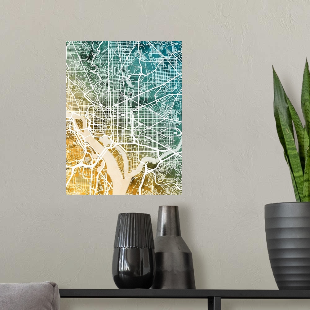 A modern room featuring Watercolor street map of Washington DC, United States