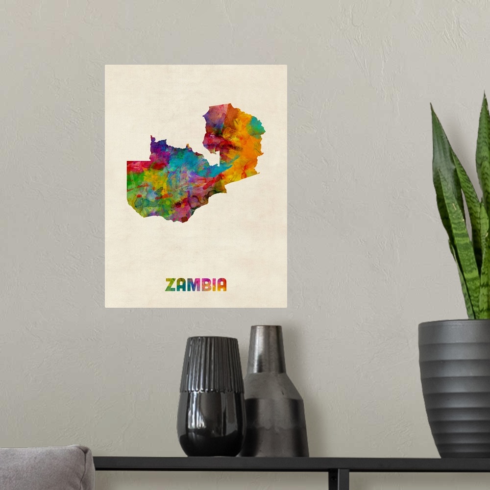 A modern room featuring A watercolor map of Zambia.