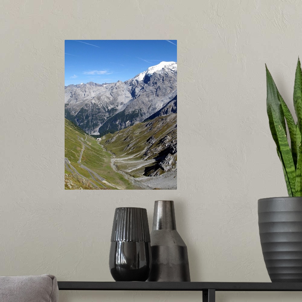 A modern room featuring Western side of Passo dello Stelvio, Stelvio Pass, 2757 m (9045 feet) is the highest paved mounta...