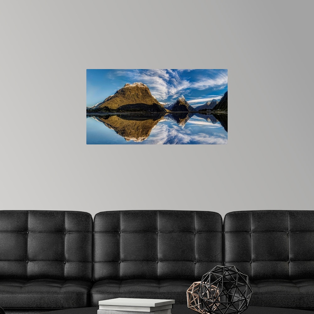 A modern room featuring High clouds over peak, Mitre Peak, Milford Sound, Fiordland National Park, New Zealand.