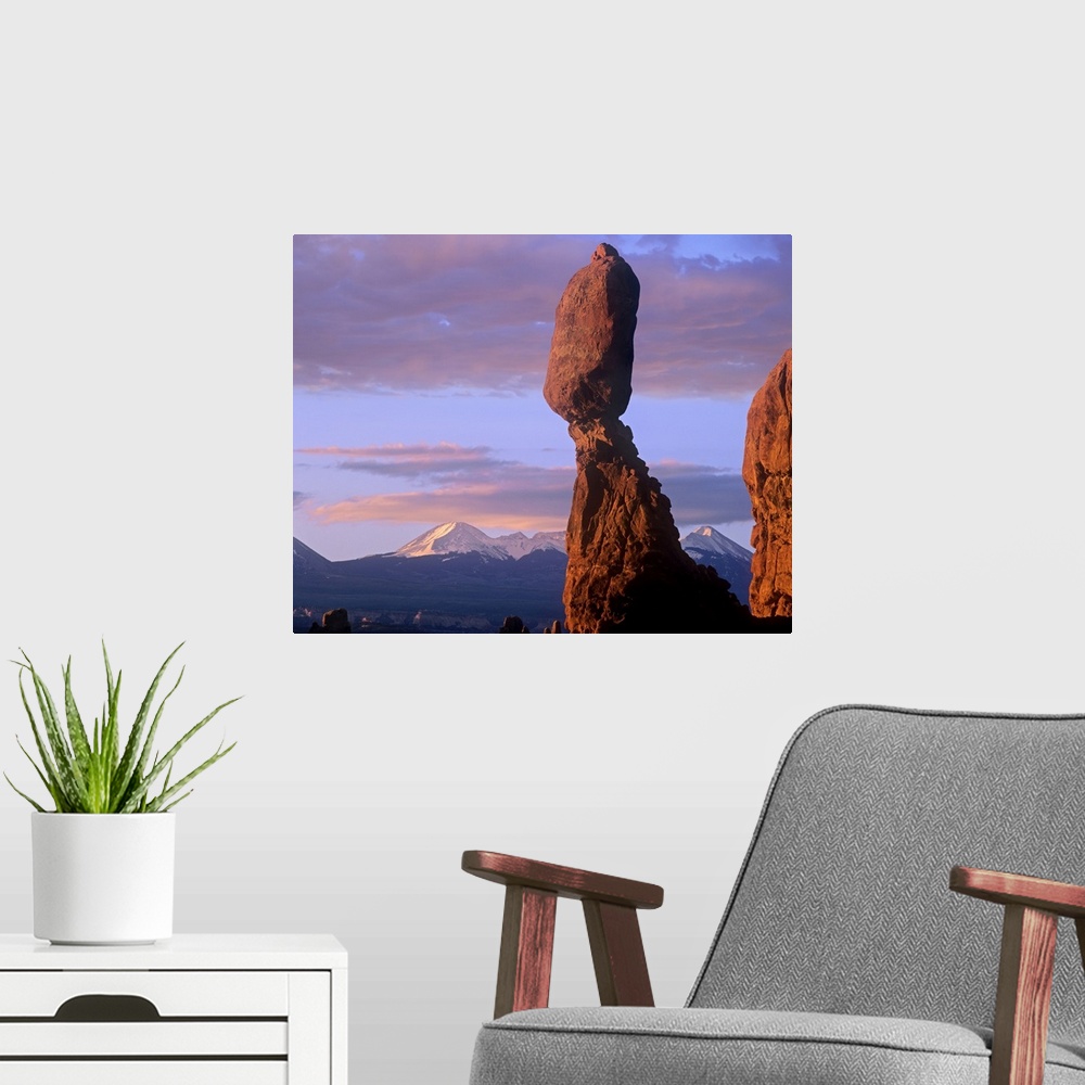 A modern room featuring La Sal Mountains and Balanced Rock, Arches National Park, Utah