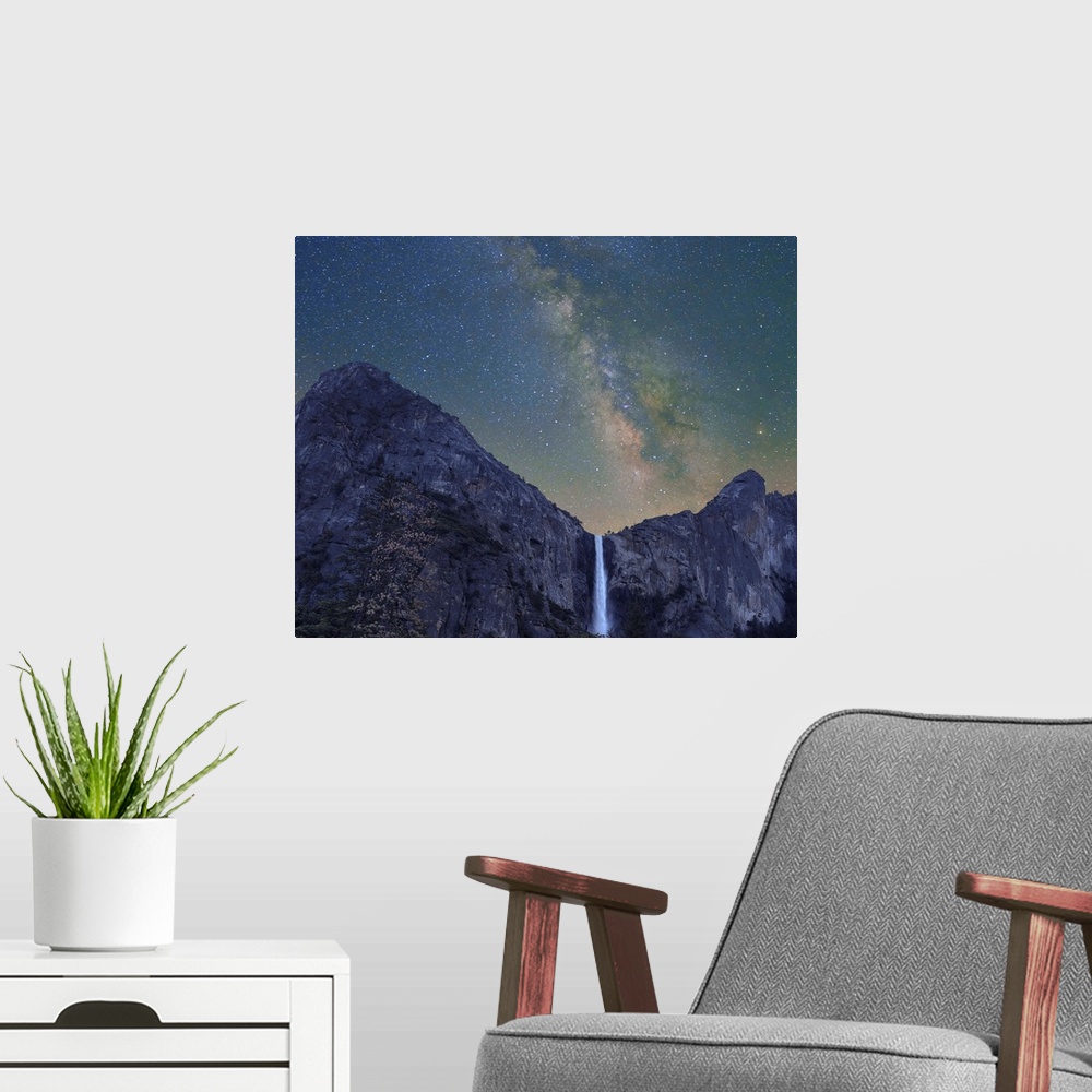 A modern room featuring Milky Way over Bridal Veil Falls, Yosemite Valley, Yosemite National Park, California